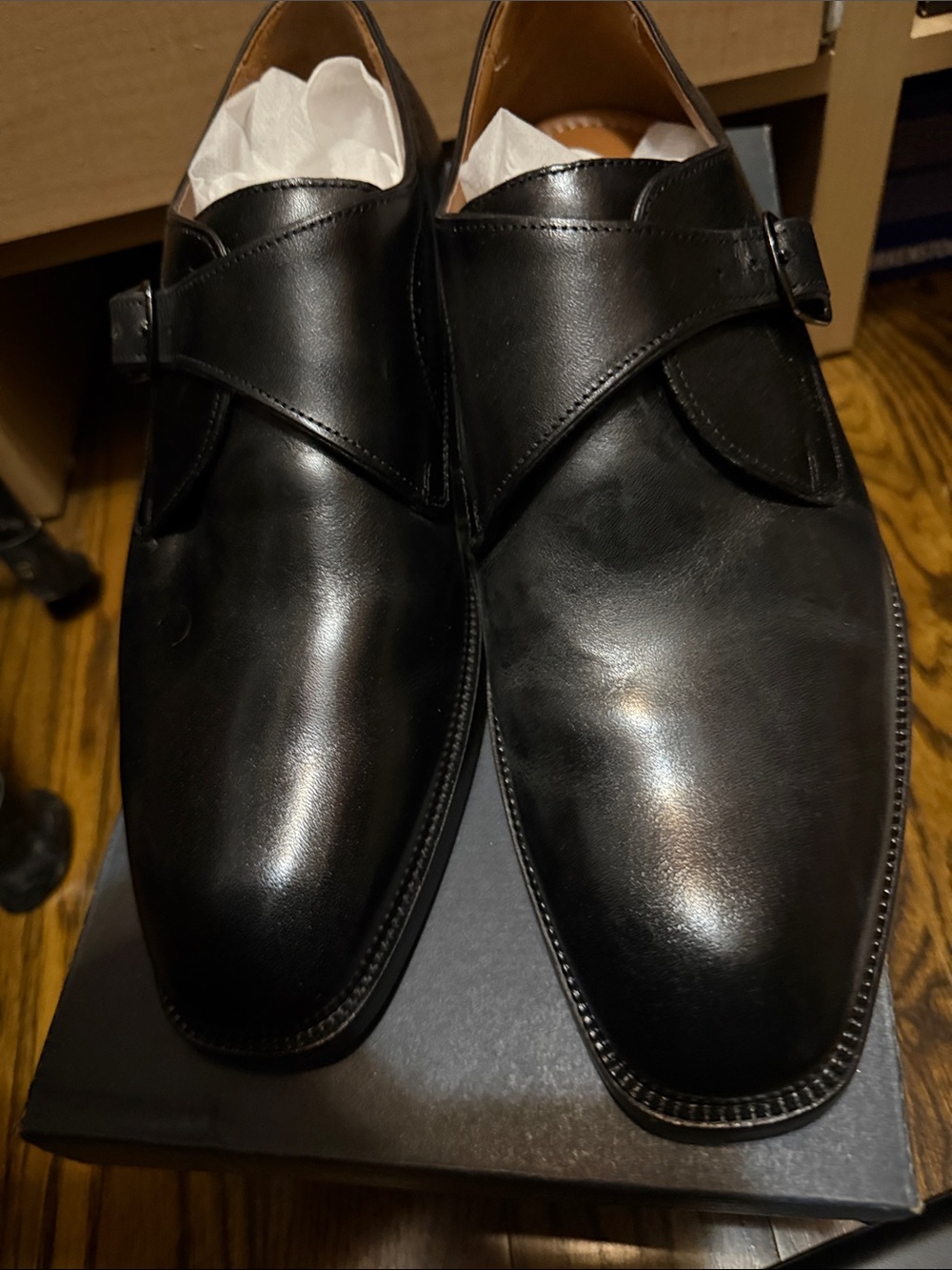 Johnston & Murphy Black Leather Single Monk Strap Oxfords
